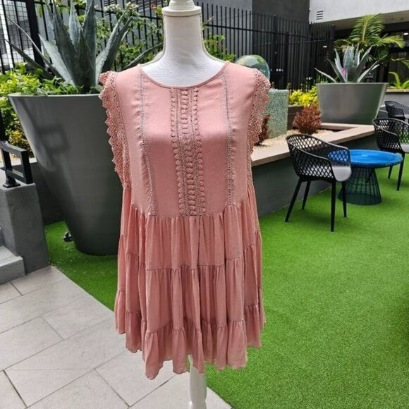 SHE + SKY ✦ Anthropologie Hi-Low Dress ✦ Mauve Cotton Crochet Lace Tiered M NWT - Picture 4 of 16